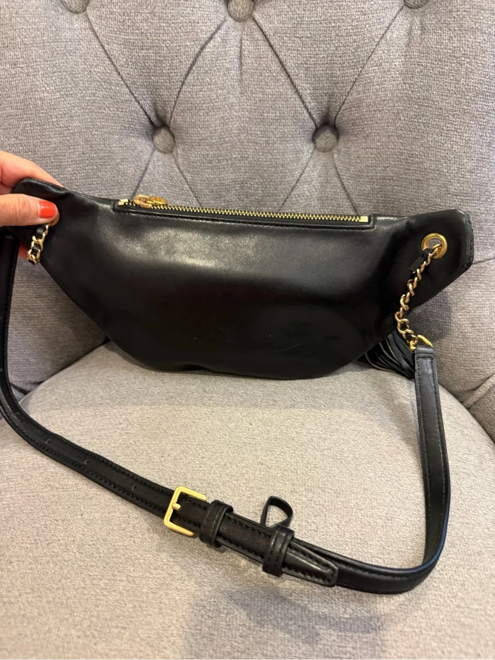 Tory Burch Black Quilted Leather Crossbody Belt Bag with Tassel